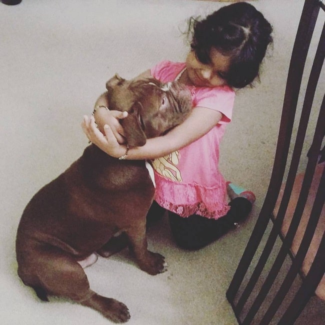 A Girl and Olde Victorian Bulldogge hugging