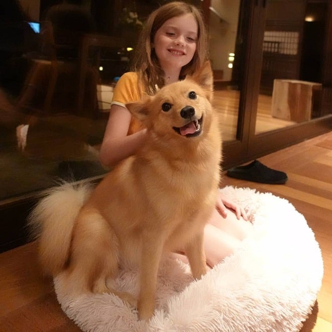 A girl and Finnish Spitz sitting