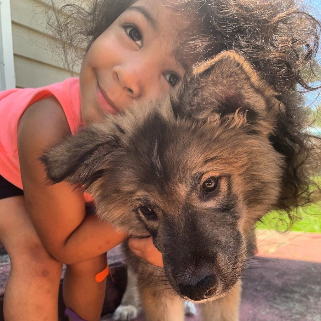 A baby hugging Tamaskan puppy