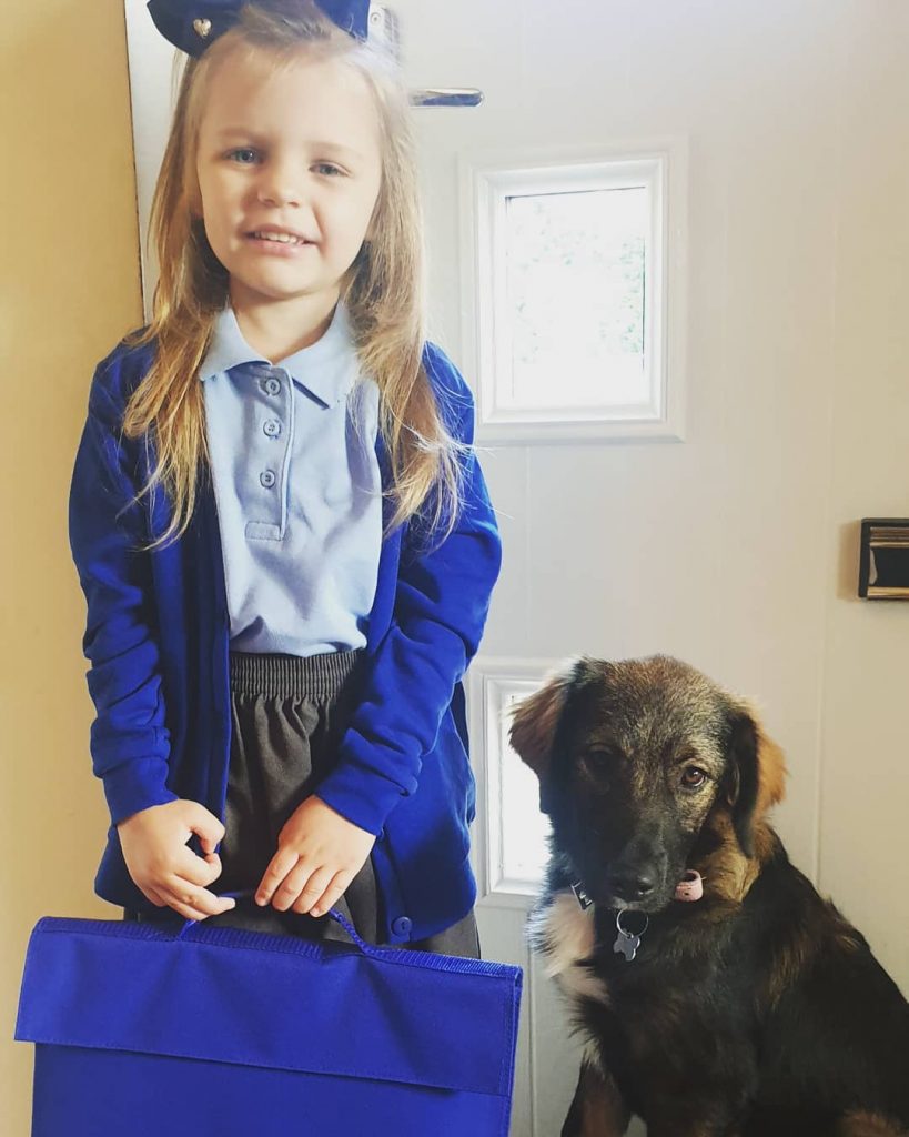 A girl posing with a Carpathian Shepherd