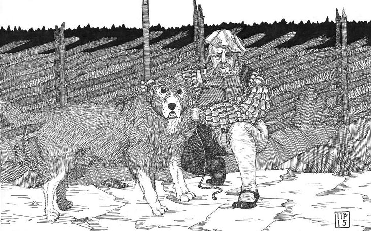 A sketch of a Dalbo Hound with his master.