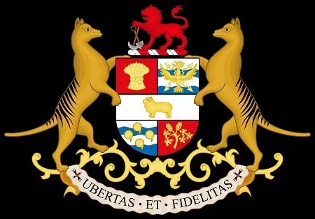 Two Thylacines are featured on each side of the Tasmanian Coat of Arms..jpg - Uncovering the History of the Thylacine Dog