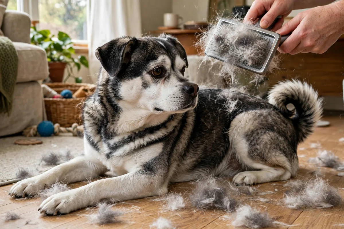 Husky Pug mix being brushed at home with loose hair visible.