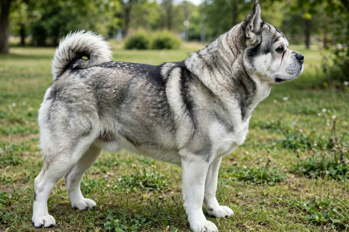 Side view of a Husky Pug mix showing its build, ears and curled tail.