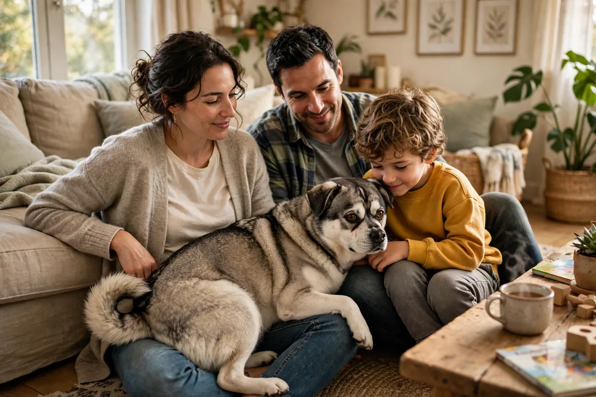 Husky Pug mix relaxing at home with its family.