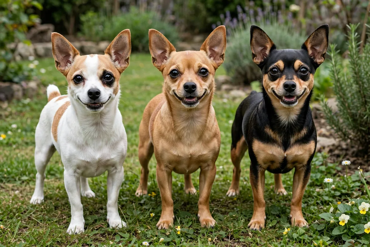Three Jack Chi dogs showing white, tan and black-and-tan coat colours.