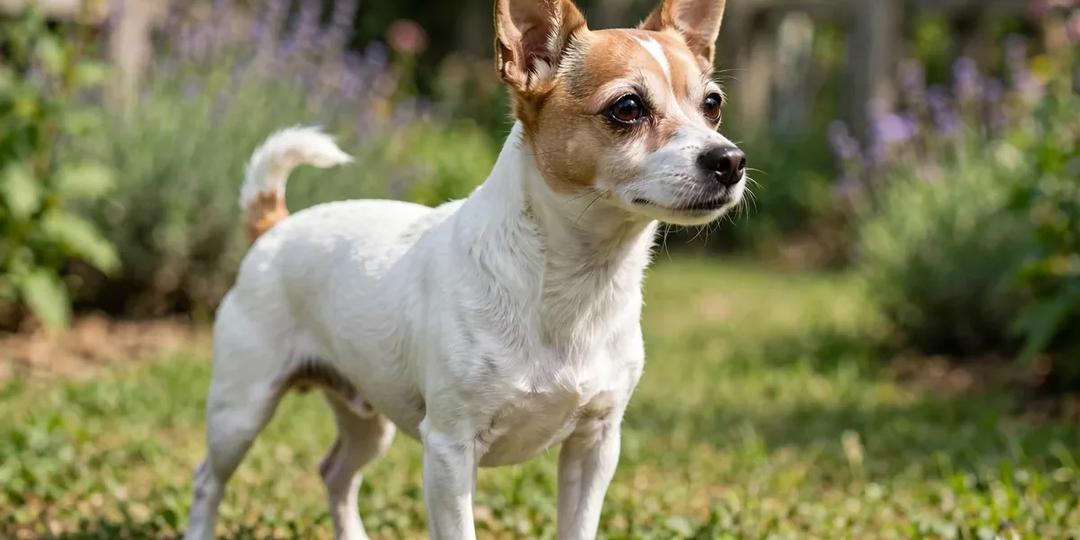 Adult Jack Russell Chihuahua mix standing alert outdoors.
